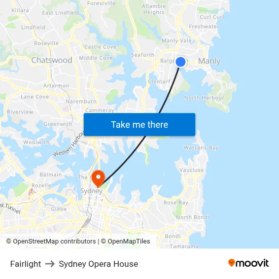 Fairlight to Sydney Opera House map