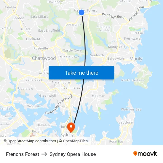 Frenchs Forest to Sydney Opera House map