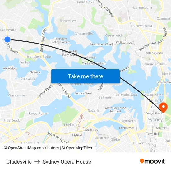 Gladesville to Sydney Opera House map