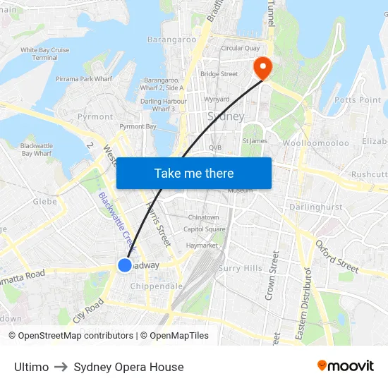Ultimo to Sydney Opera House map
