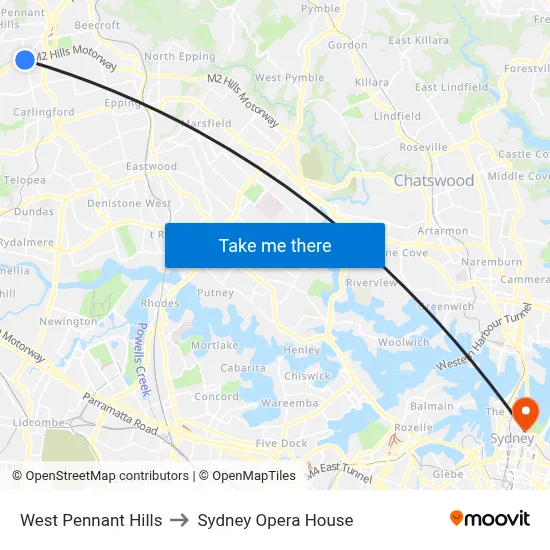 West Pennant Hills to Sydney Opera House map