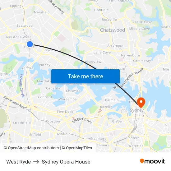West Ryde to Sydney Opera House map