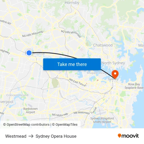 Westmead to Sydney Opera House map