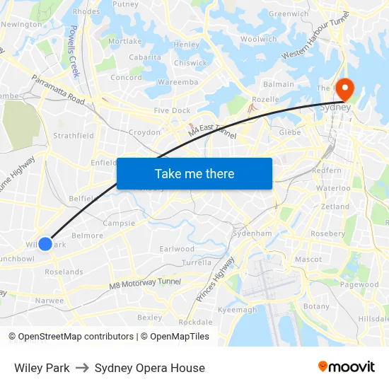 Wiley Park to Sydney Opera House map