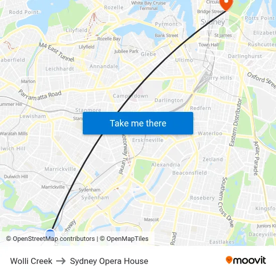 Wolli Creek to Sydney Opera House map