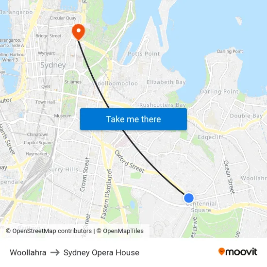 Woollahra to Sydney Opera House map