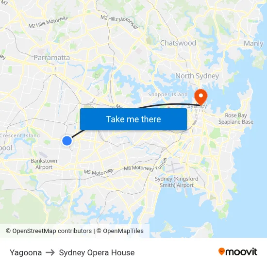 Yagoona to Sydney Opera House map