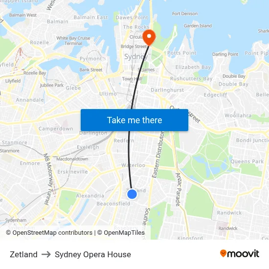 Zetland to Sydney Opera House map