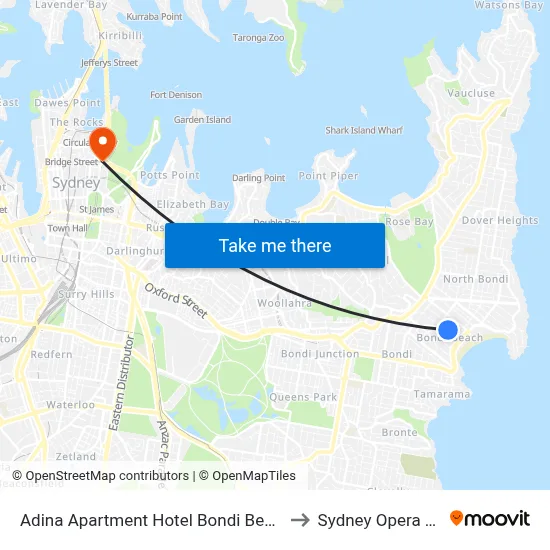 Adina Apartment Hotel Bondi Beach Sydney to Sydney Opera House map