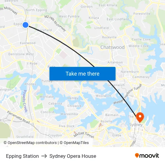 Epping Station to Sydney Opera House map