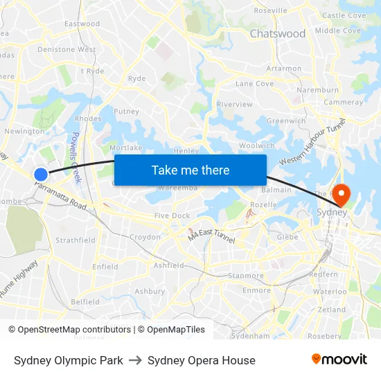 Sydney Olympic Park to Sydney Opera House map