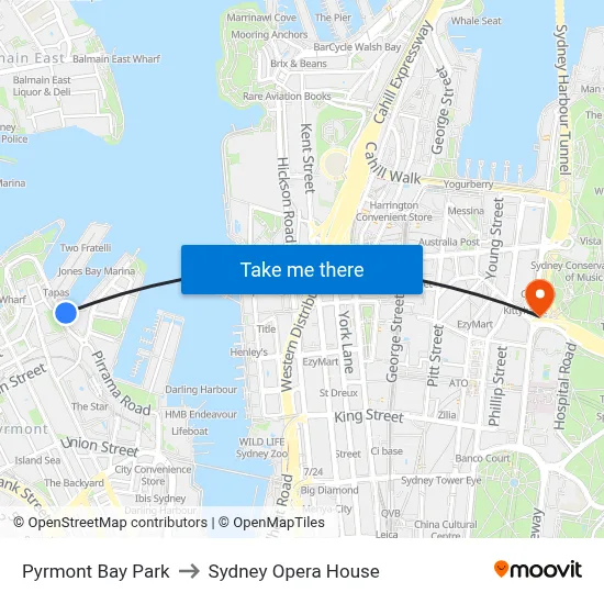 Pyrmont Bay Park to Sydney Opera House map