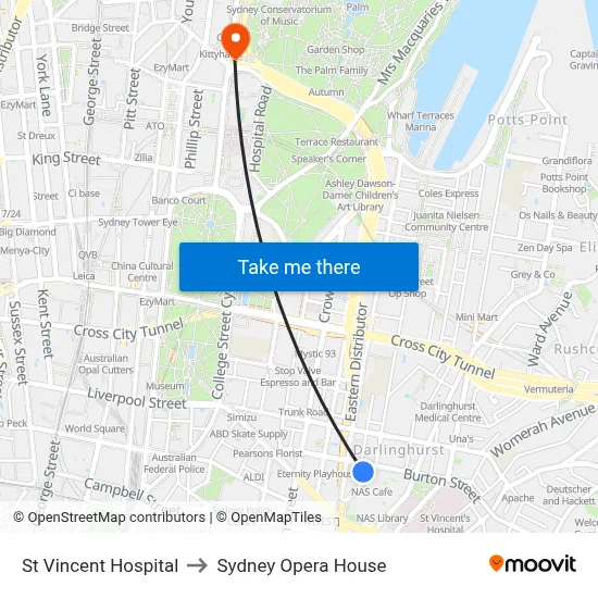 St Vincent Hospital to Sydney Opera House map