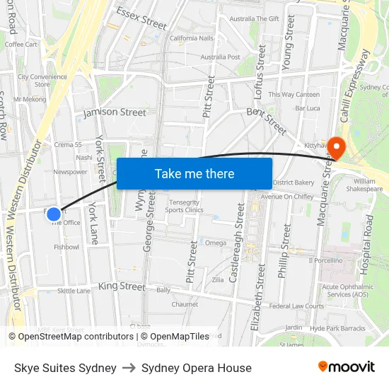 Skye Suites Sydney to Sydney Opera House map