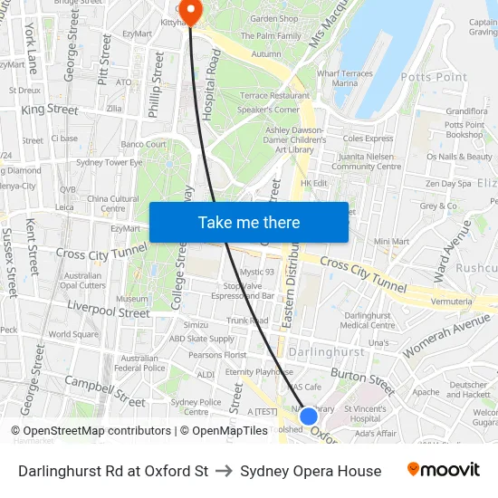 Darlinghurst Rd at Oxford St to Sydney Opera House map