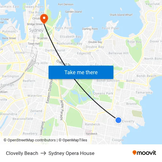 Clovelly Beach to Sydney Opera House map