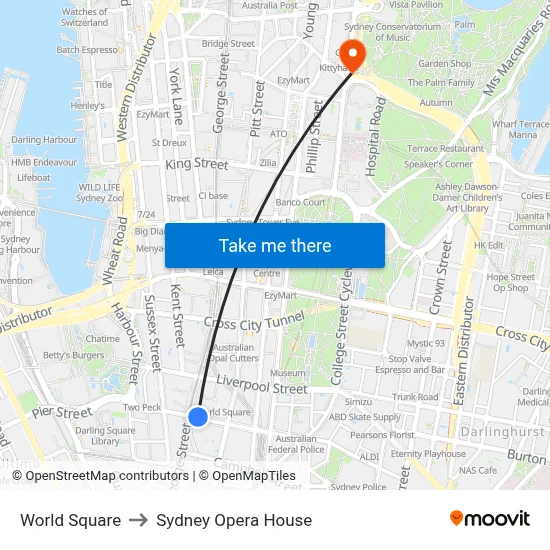 World Square to Sydney Opera House map