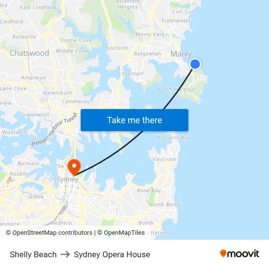 Shelly Beach to Sydney Opera House map