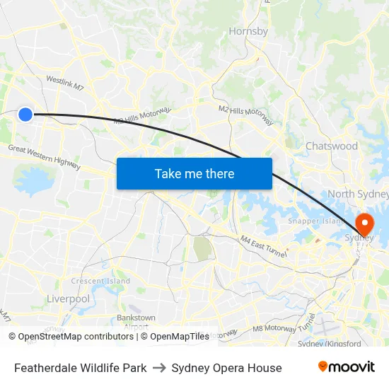 Featherdale Wildlife Park to Sydney Opera House map
