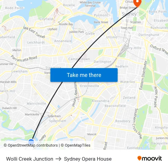 Wolli Creek Junction to Sydney Opera House map