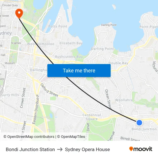 Bondi Junction Station to Sydney Opera House map