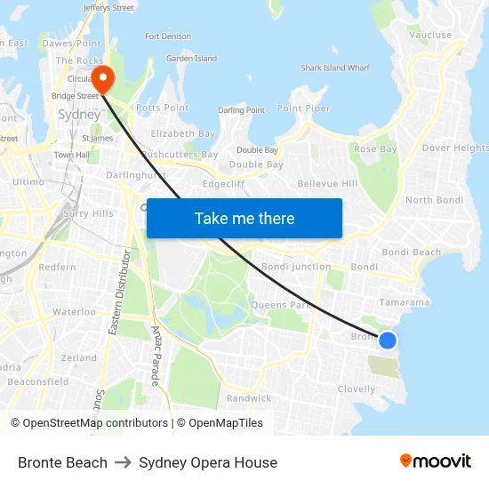 Bronte Beach to Sydney Opera House map
