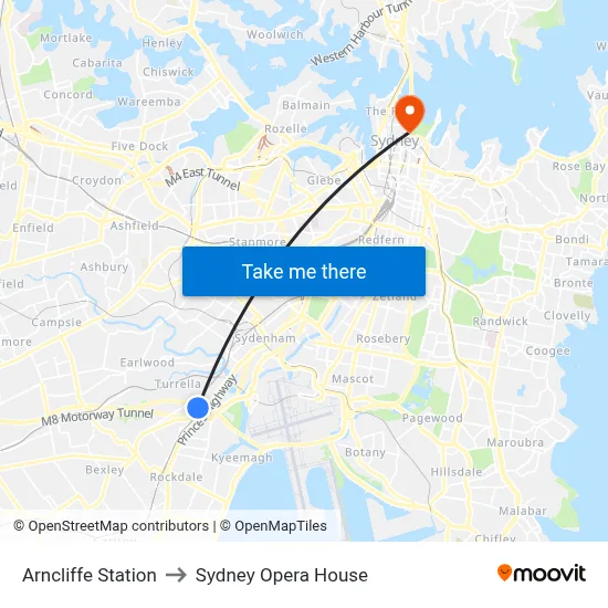 Arncliffe Station to Sydney Opera House map