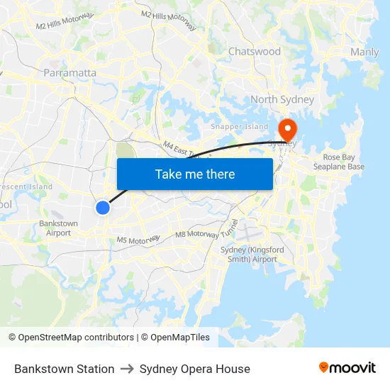 Bankstown Station to Sydney Opera House map