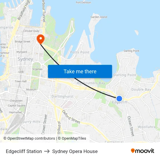 Edgecliff Station to Sydney Opera House map