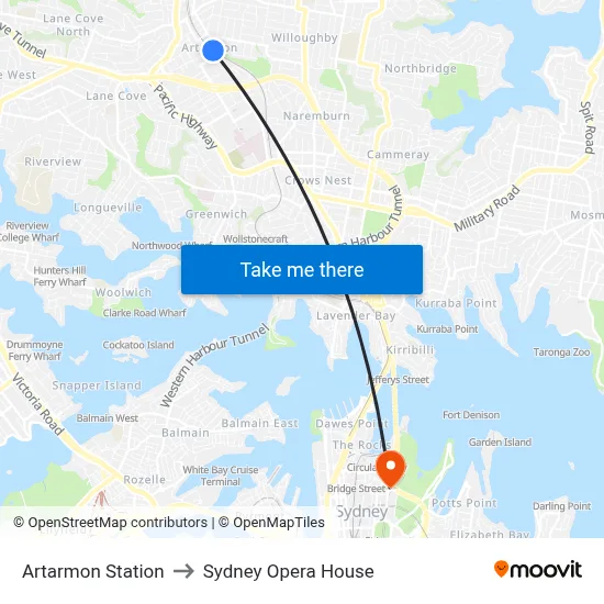 Artarmon Station to Sydney Opera House map