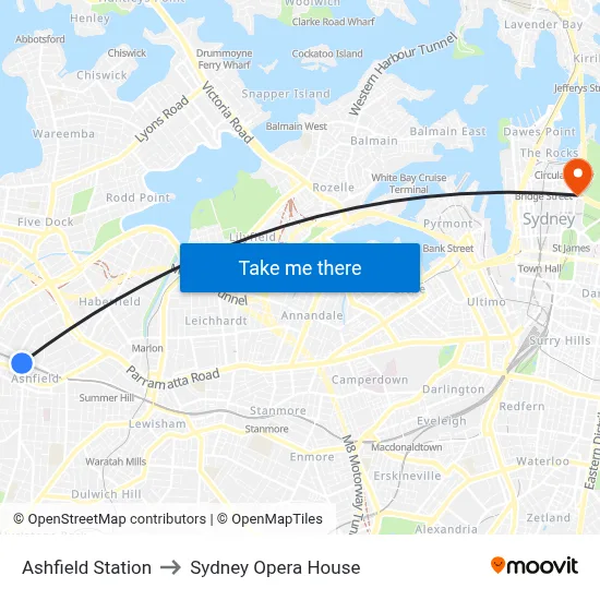 Ashfield Station to Sydney Opera House map
