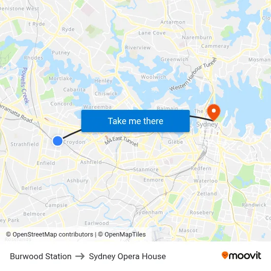 Burwood Station to Sydney Opera House map