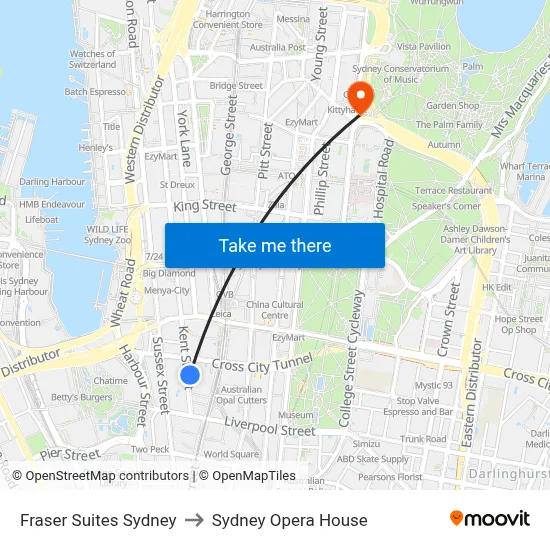 Fraser Suites Sydney to Sydney Opera House map