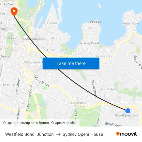 Westfield Bondi Junction to Sydney Opera House map