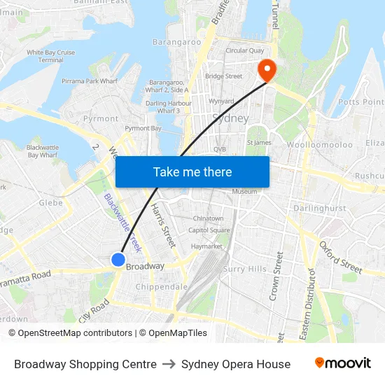 Broadway Shopping Centre to Sydney Opera House map