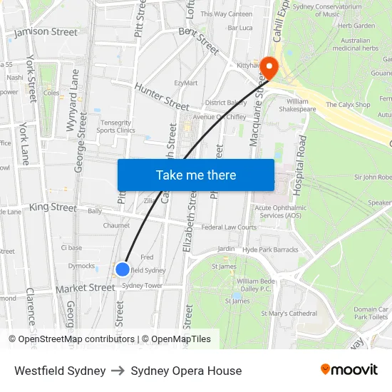 Westfield Sydney to Sydney Opera House map