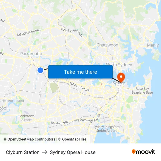 Clyburn Station to Sydney Opera House map
