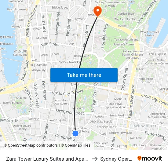 Zara Tower Luxury Suites and Apartments Sydney to Sydney Opera House map