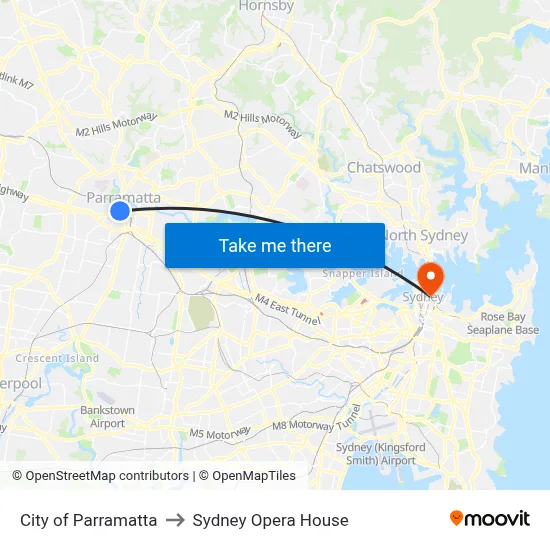 City of Parramatta to Sydney Opera House map