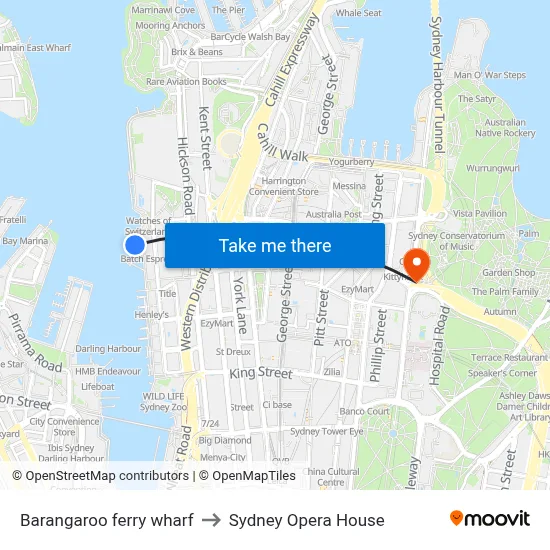 Barangaroo ferry wharf to Sydney Opera House map
