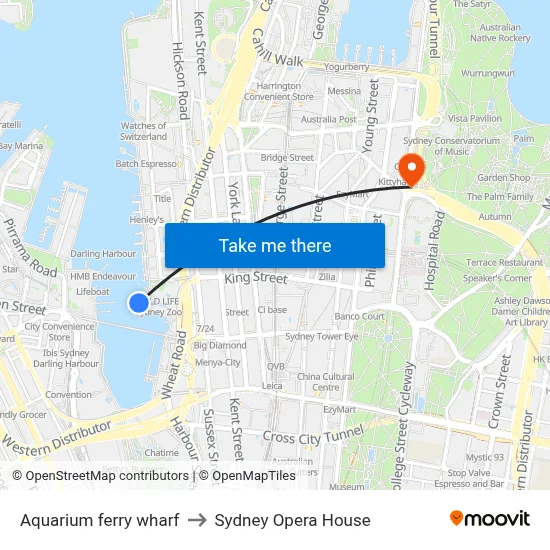 Aquarium ferry wharf to Sydney Opera House map