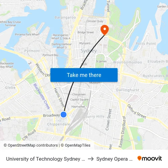 University of Technology Sydney Broadway to Sydney Opera House map