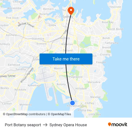 Port Botany seaport to Sydney Opera House map