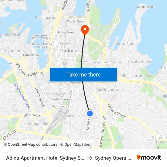 Adina Apartment Hotel Sydney Surry Hills to Sydney Opera House map