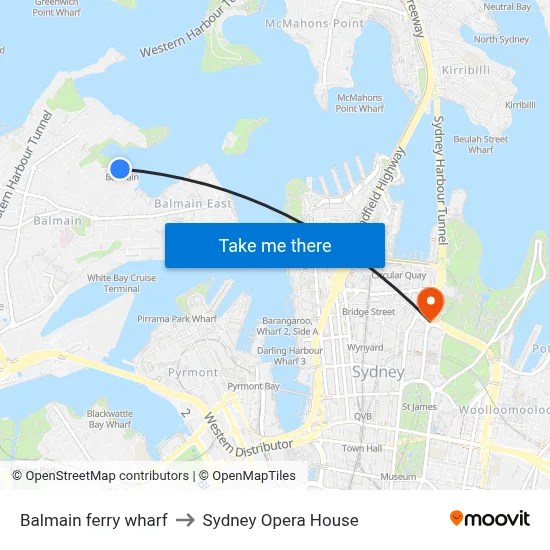 Balmain ferry wharf to Sydney Opera House map