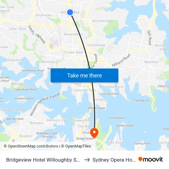 Bridgeview Hotel Willoughby Sydney to Sydney Opera House map