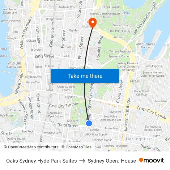Oaks Sydney Hyde Park Suites to Sydney Opera House map
