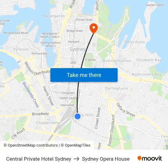 Central Private Hotel Sydney to Sydney Opera House map