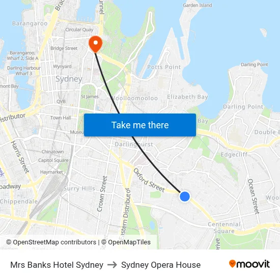 Mrs Banks Hotel Sydney to Sydney Opera House map