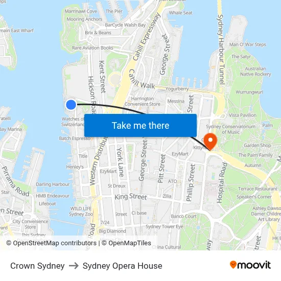 Crown Sydney to Sydney Opera House map